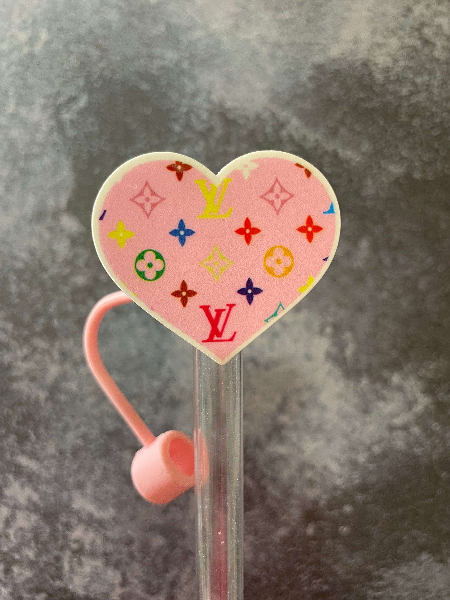 Pink LV heart straw topper